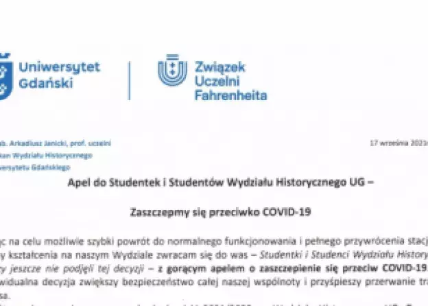 Apel do Studentek i Studentów Wydziału Historycznego UG