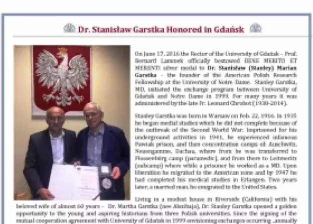 Srebrny Medal Uniwersytetu Gdańskiego przyznano Stanisławowi Garstce (1916–2006)