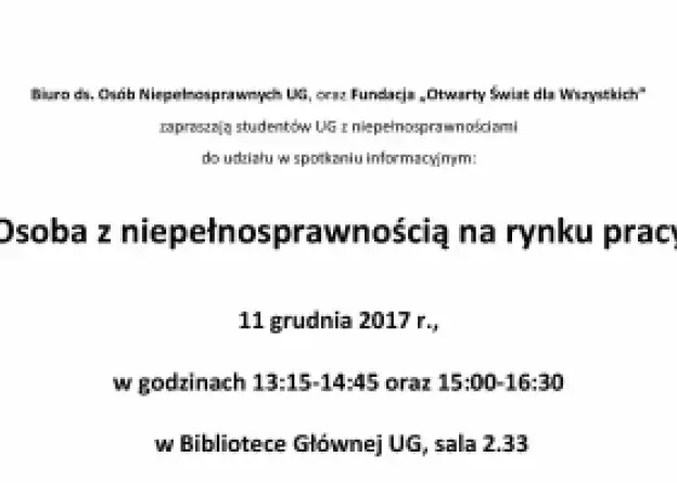Spotkanie informacyjne - "Osoba z niepełnosprawnością na rynku pracy"